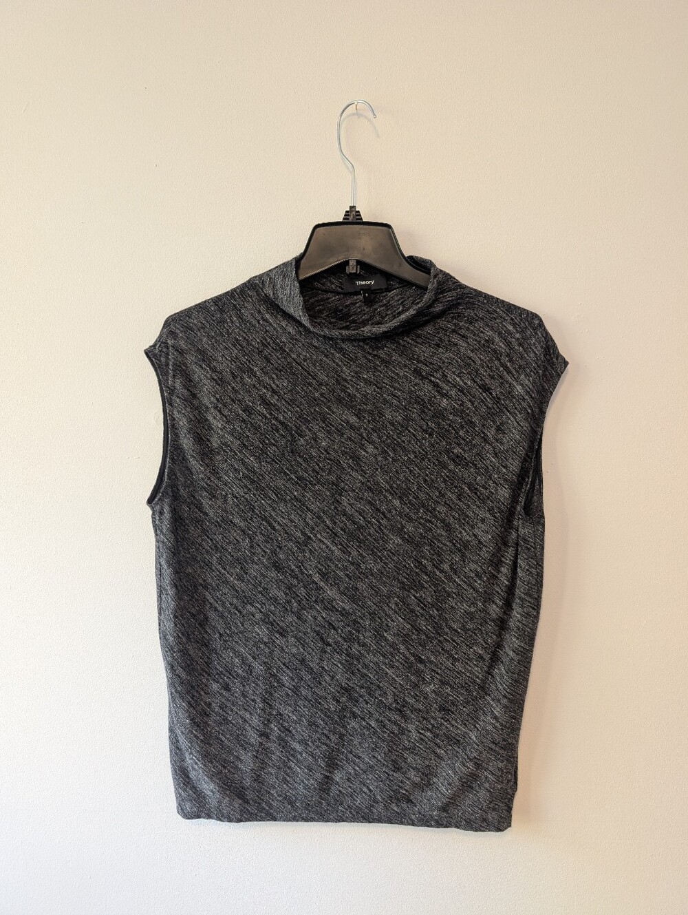 Theory Linen Wool Blend Mock Neck Sleeveless Knit Top Marled Grey Heathered S